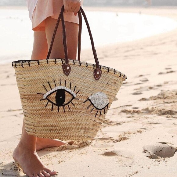 Handbags - Market basket STRAW BAG Handmade with leather, French Market